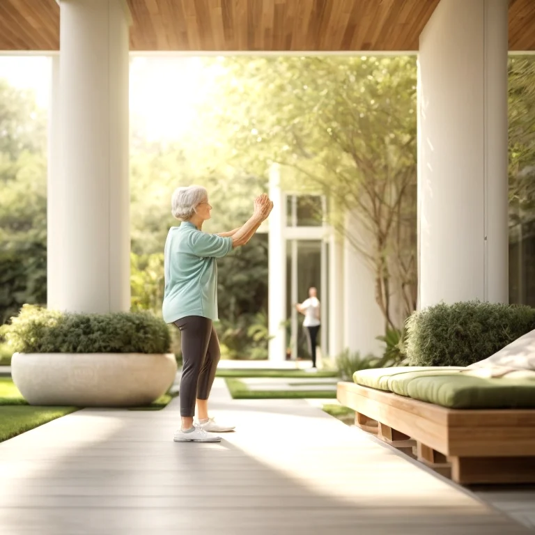 Seniors participating in gentle physical therapy outdoors